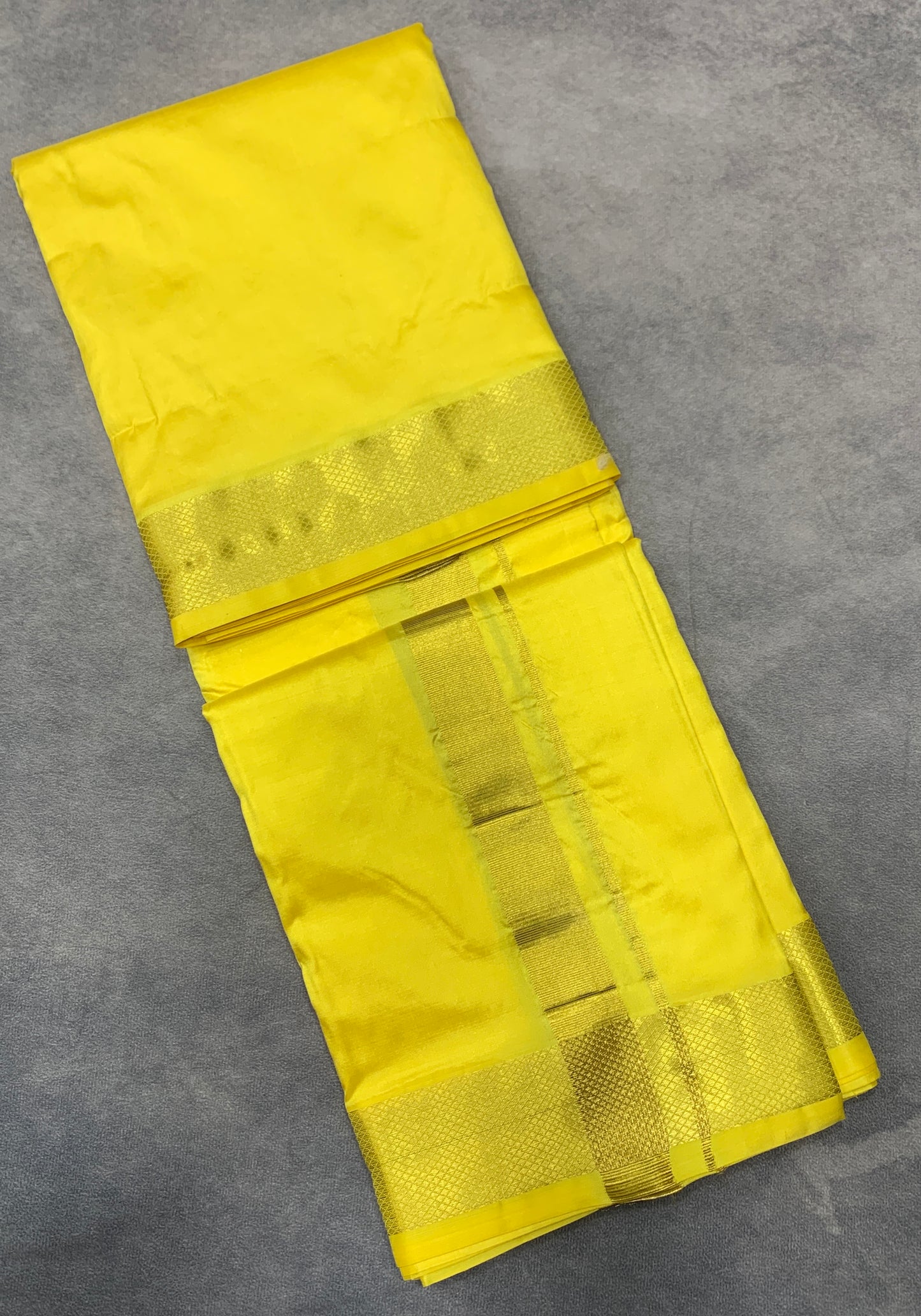 9X5 Pure Silk Dhoti Lime Yellow with Large Golden Zari Border