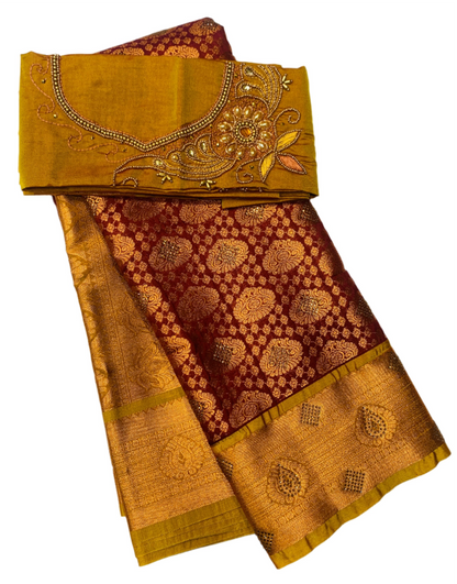 Bridal Vegan Silk Saree Brown shade with Mustard Border with Unstitched blouse in Aari work