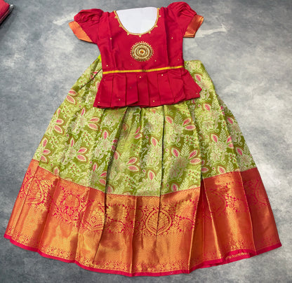Ready To Wear Apple Green Pavadai with Contrast Pink Blouse