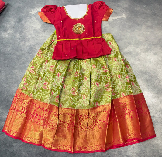 Ready To Wear Apple Green Pavadai with Contrast Pink Blouse