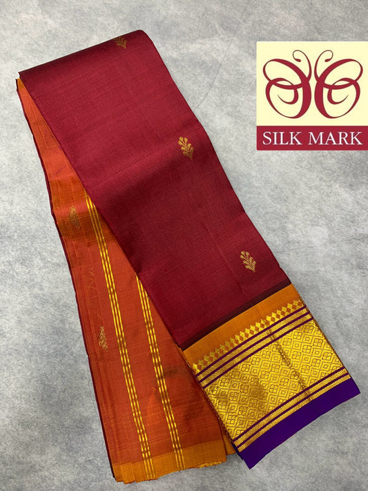 Pure Kanchipuram Silk Saree Maroon Colour with Violet and Gold Zari Border