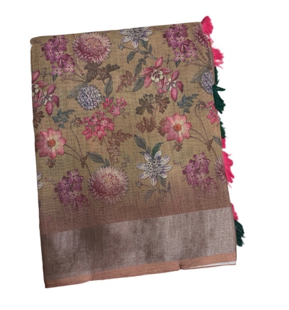 Jute Cotton Saree Brown Colour with Thread Border