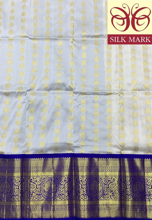 White Shade Pure Kanchipuram Kids Pattu Pavadai with Contrast Border for age 5 to 10