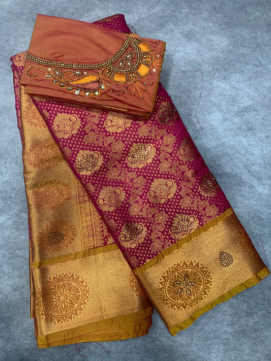 Bridal Vegan Silk Saree Pink shade with Golden Yellow Border with Unstitched blouse in Aari Work