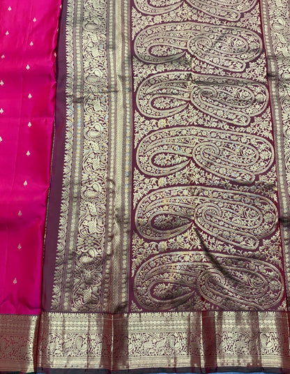 Pure Kanchipuram Silk Saree Pink Colour with Contrasting Coffee Brown Border and Gold Detailing