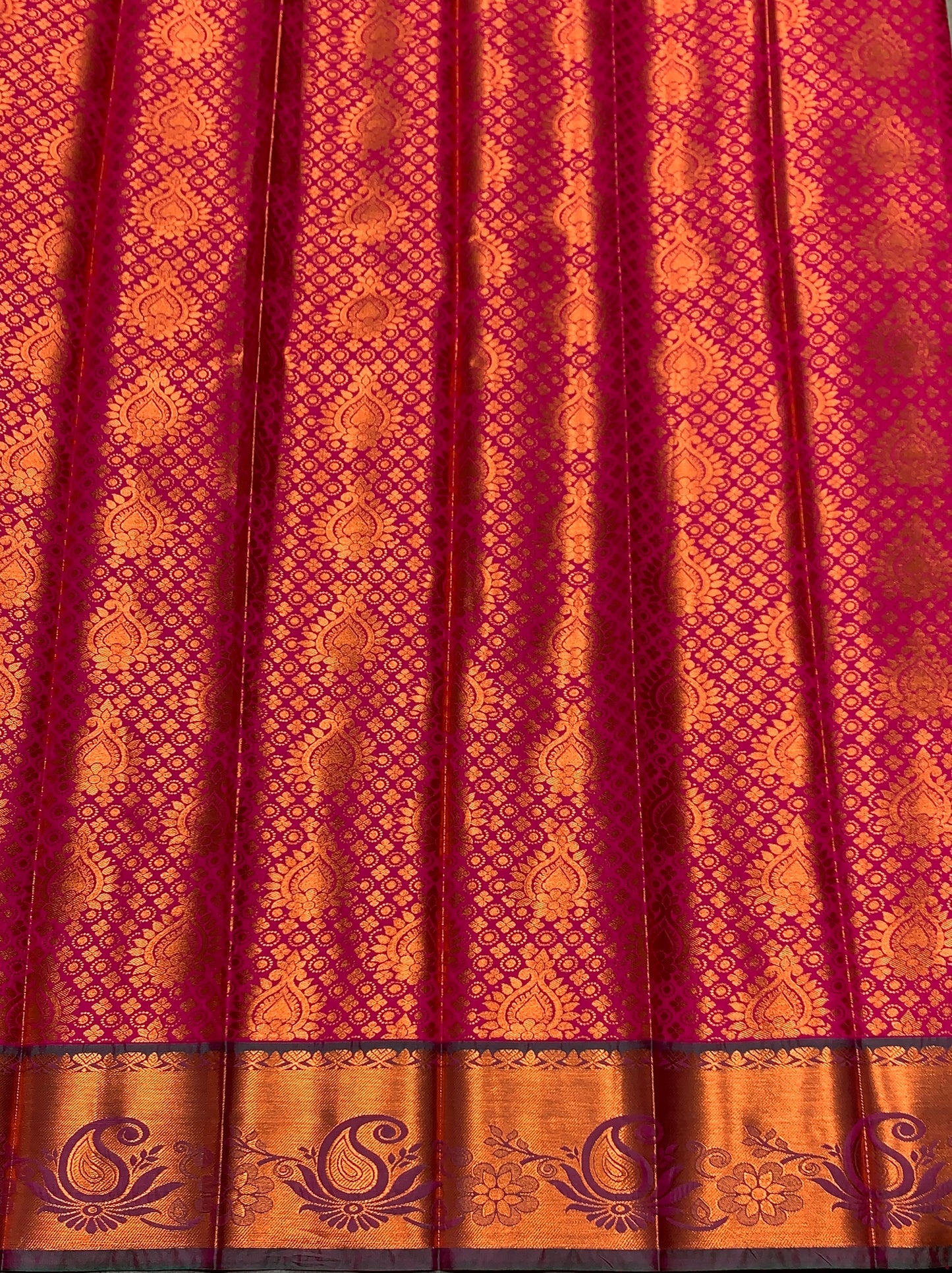 Vegan Silk Saree Pink Colour with Light Green and Copper Border