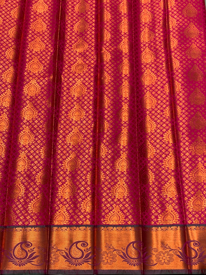 Vegan Silk Saree Pink Colour with Light Green and Copper Border