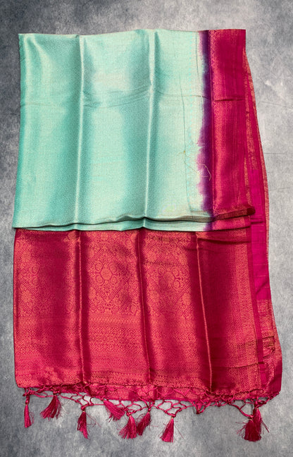 Soft Silk Saree Light Sapphire Colour with Pink Colour Pallu