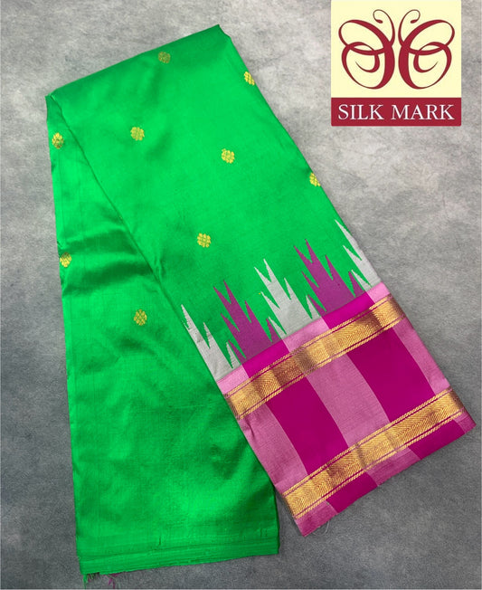 Pure Kanchipuram Silk Saree Light Green Colour with Rettai Pettu Border-(One Side Border)