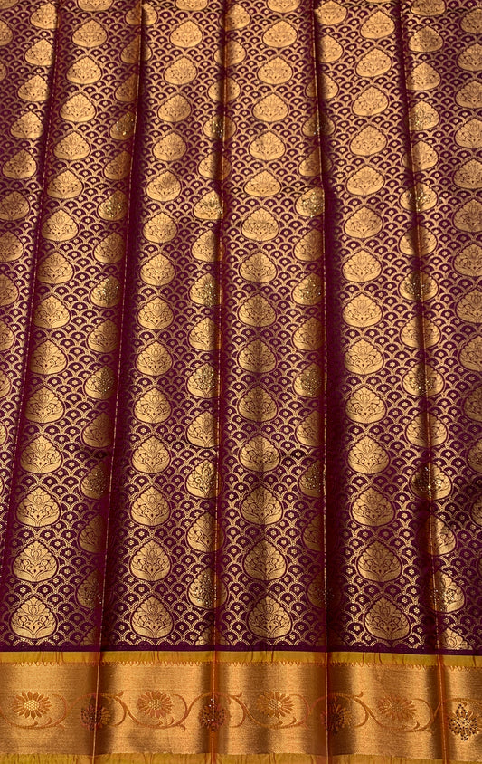 Vegan Silk Saree Burnet Maroon Colour with Golden and Golden Yellow Border