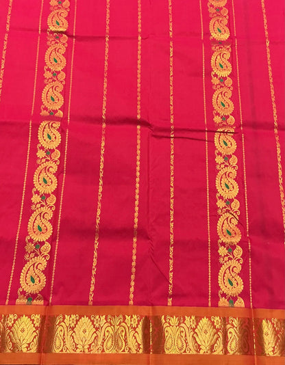 Tomato Pink Shade Semi silk Kids Pattu Pavadai with Contrast border for age 5 to 10