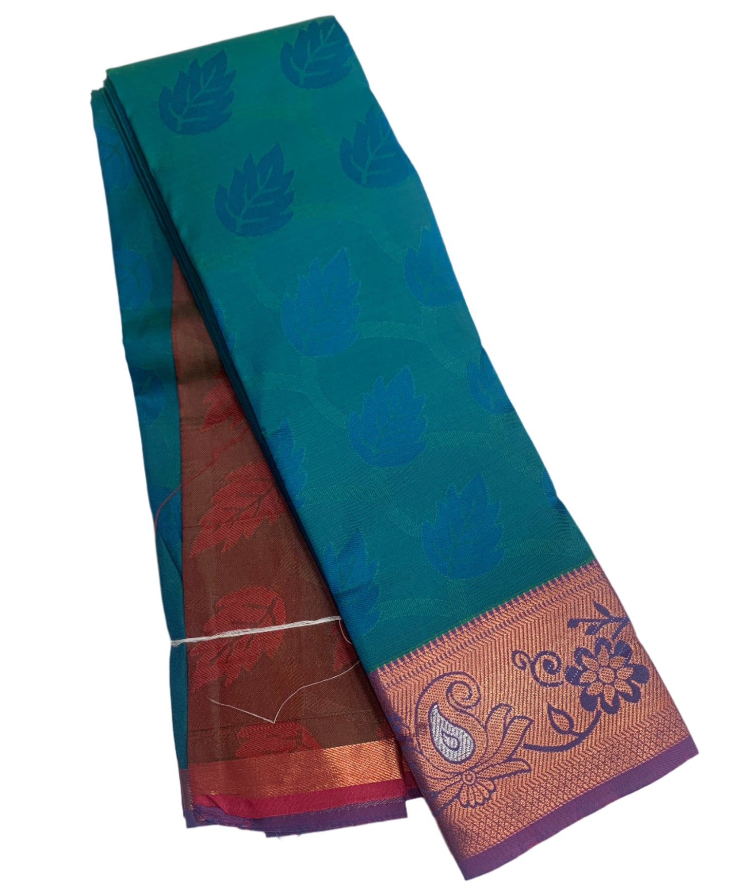 Synthetic Cotton Saree Peacock Green Shade with Copper Zari Border