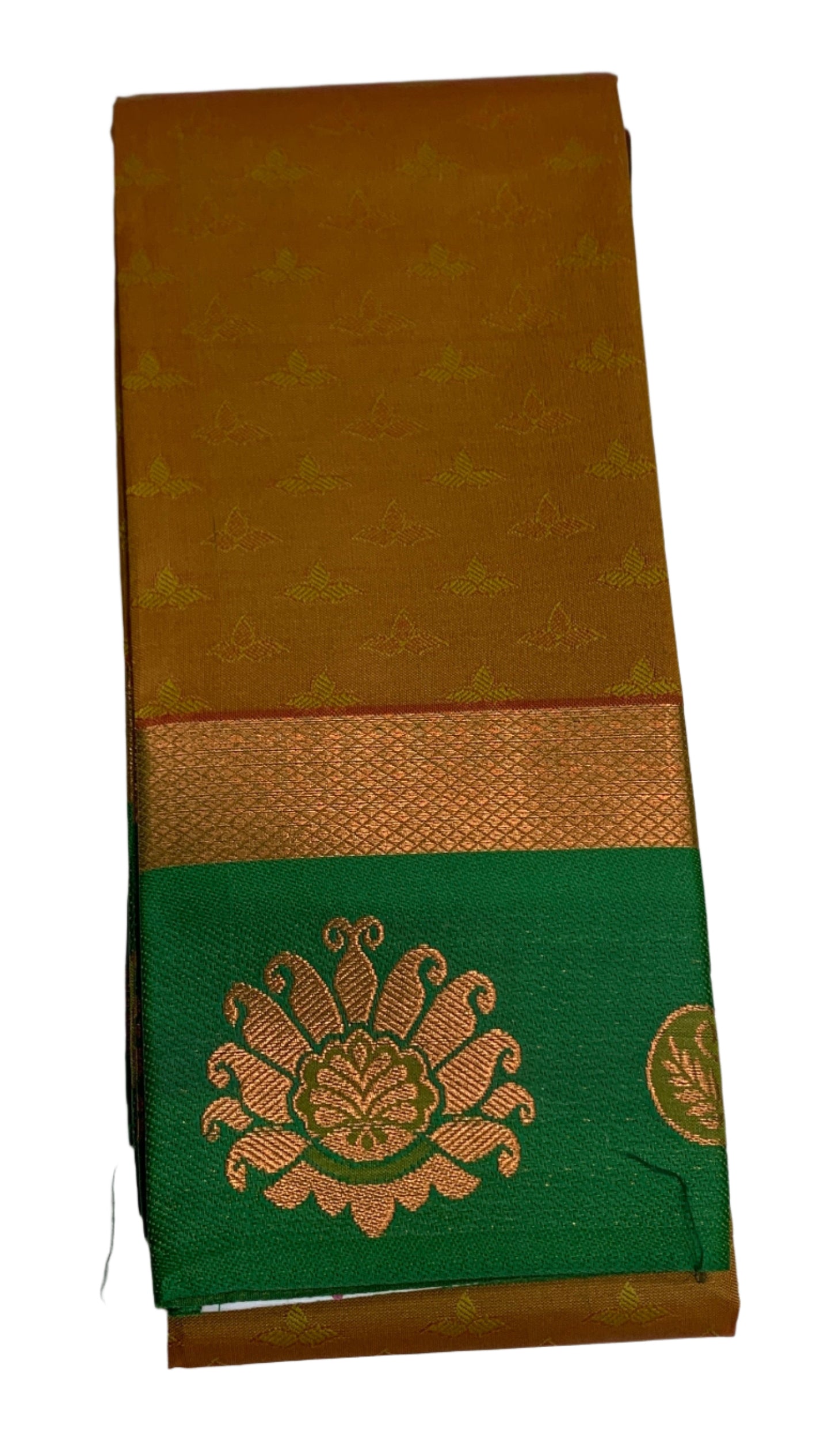 Synthetic Cotton Saree Mustard Shade with Light Green and Floral Design Border