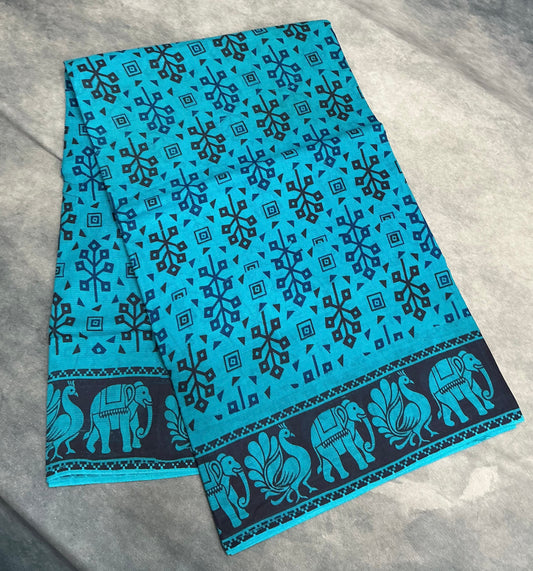 Chettinad Sungudi Cotton Sky Blue Colour with Navy Blue Colour Border