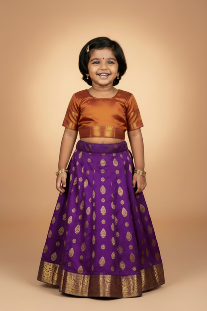 Magenta Shade Pure Kanchipuram Kids Pattu Pavadai with Contrast Border for Newborn to 2 Years