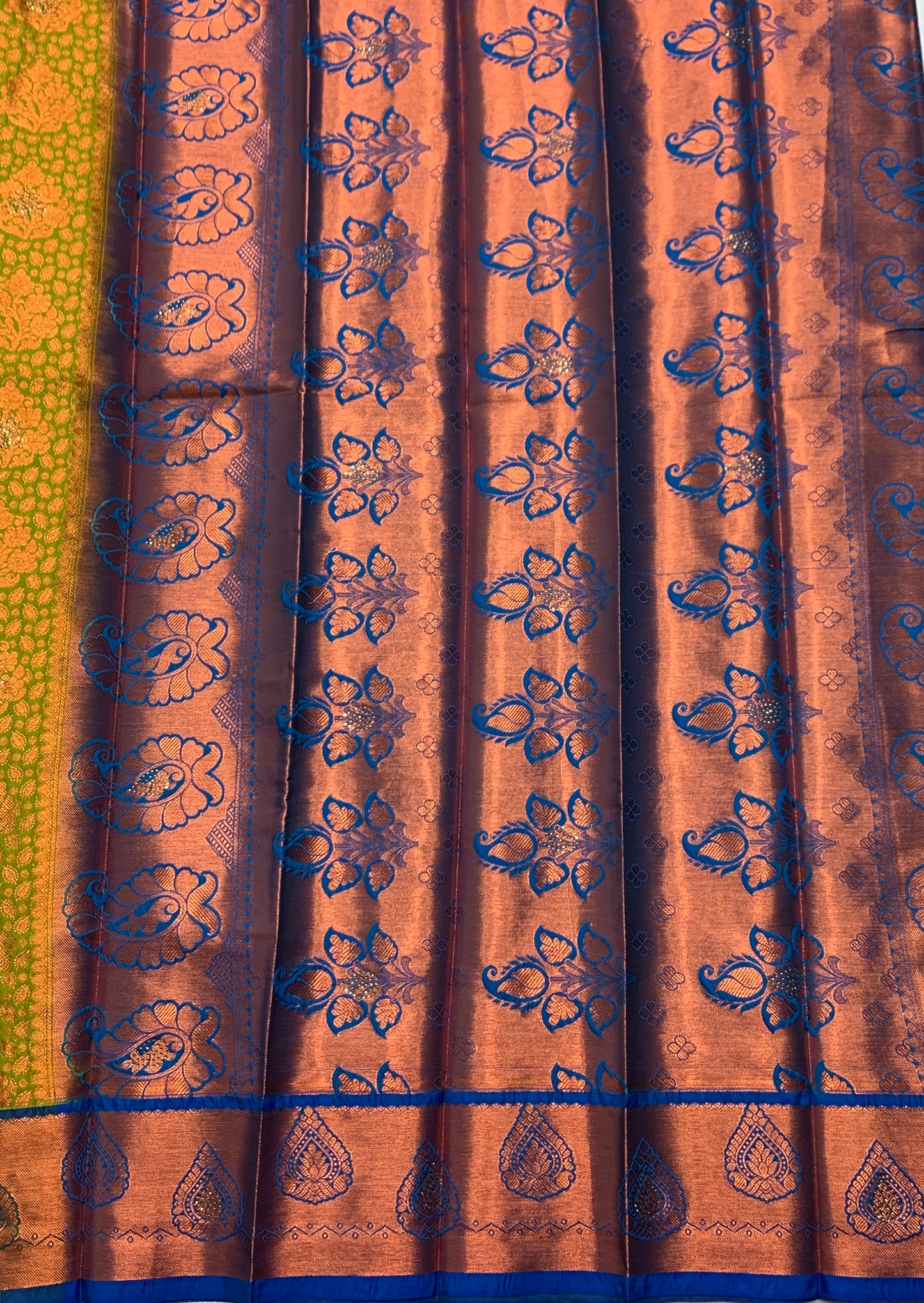 Vegan Silk Saree Light Green Colour with Copper and Blue Border