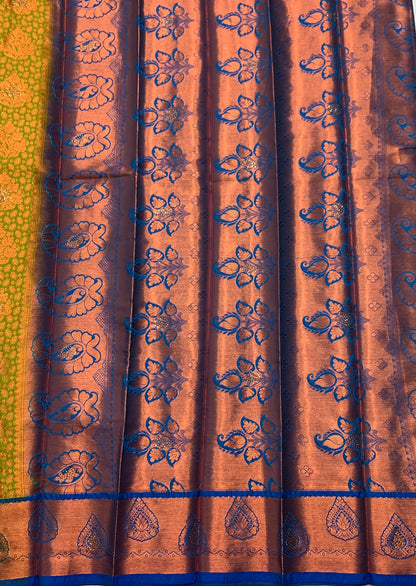 Vegan Silk Saree Light Green Colour with Copper and Blue Border