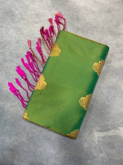 Soft Vegan Silk Saree Light Green Colour with Pink and Copper Border