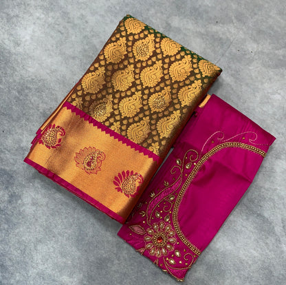 Bridal Vegan Silk Saree Olive Green Colour with Pink Border with Unstitched blouse in Aari Work
