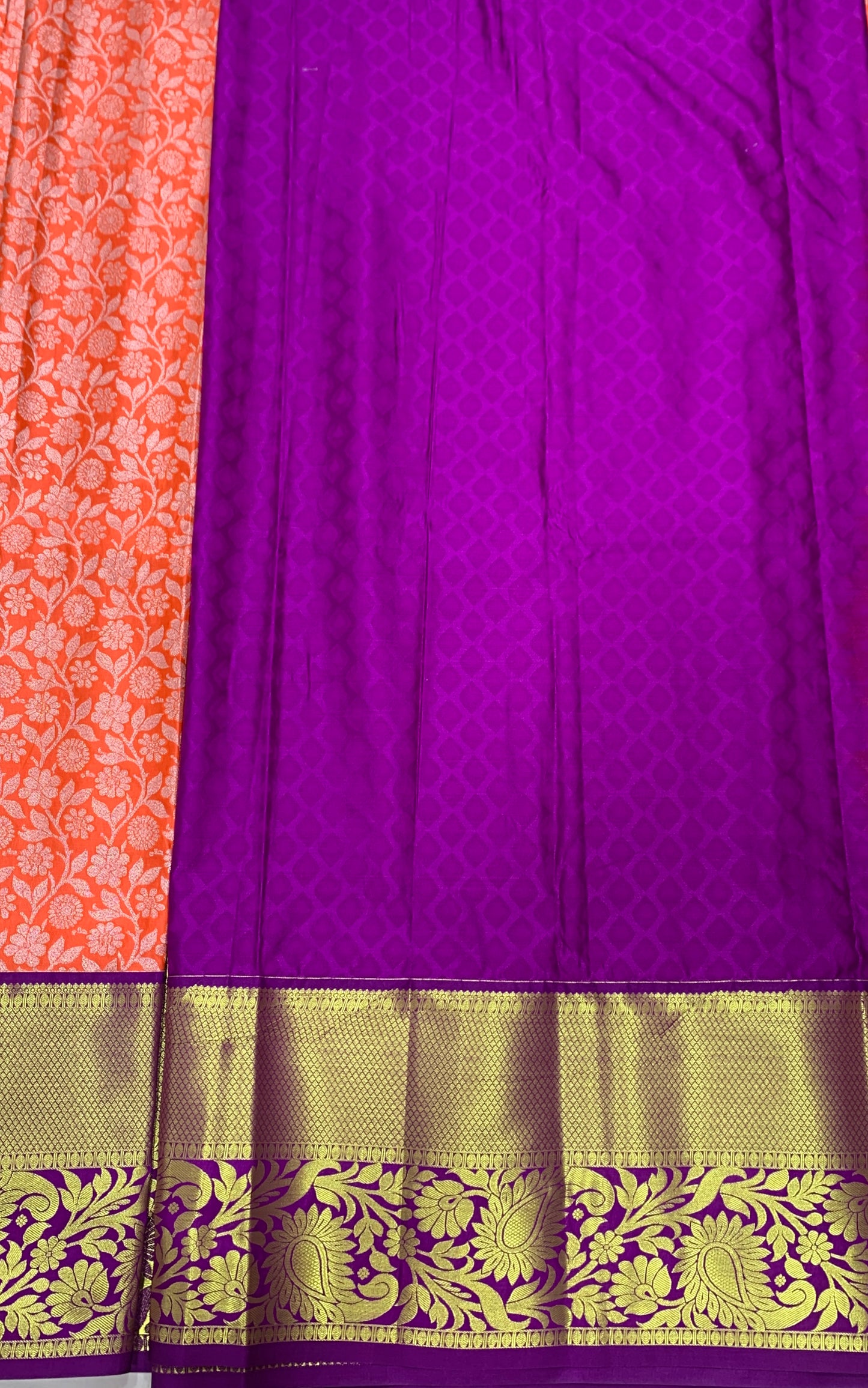 Peach Orange shade Vegan Silk Kids Pattu Pavadai with Contrast border for age above 10 years