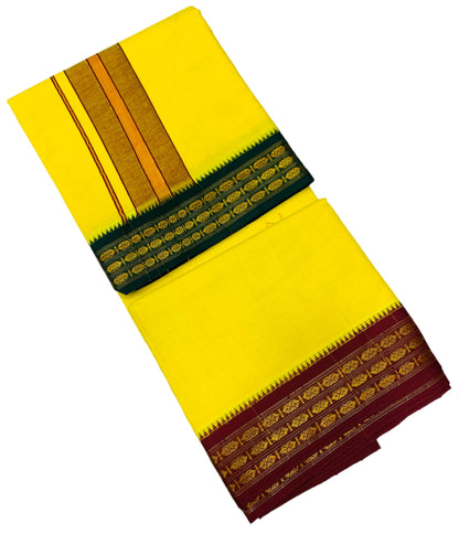 9X5 Cotton Dhoti Yellow Colour with Green and Maroon Border