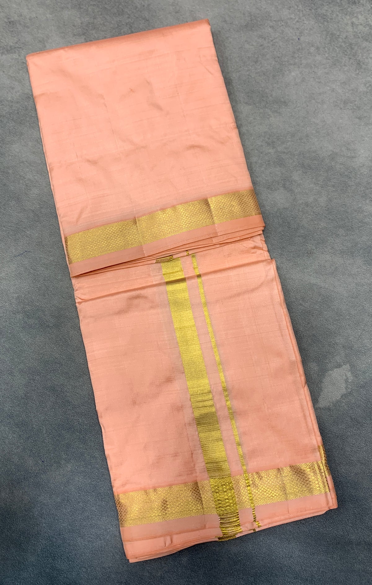 9X5 Pure Silk Dhoti Peach Colour with Small Golden Zari Border