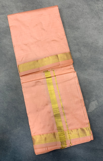 9X5 Pure Silk Dhoti Peach Colour with Small Golden Zari Border