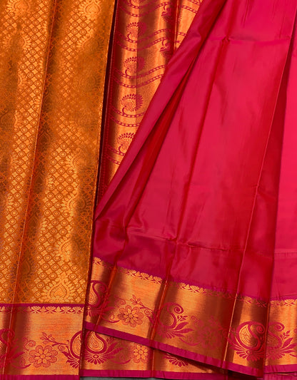 Vegan Silk Saree Golden Yellow Colour with Pink and Copper Border