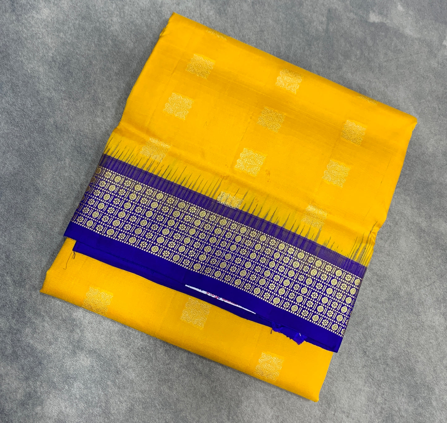 Pure Kanchipuram Silk Yellow Colour with Royal Blue Colour Border