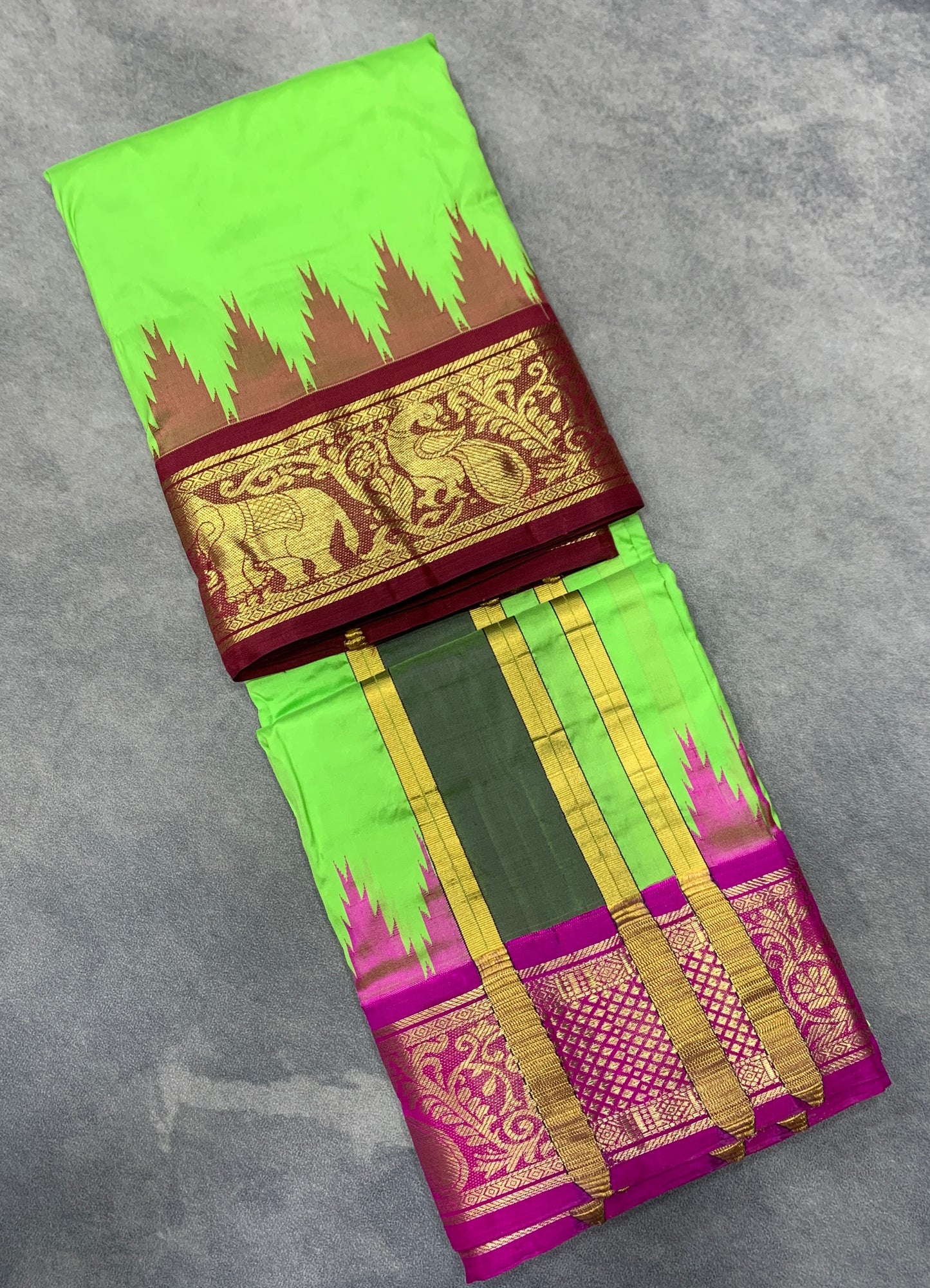 9X5 Pure Silk Dhoti Parrot Green Colour with Maroon and Pink Ganga Jamuna Border