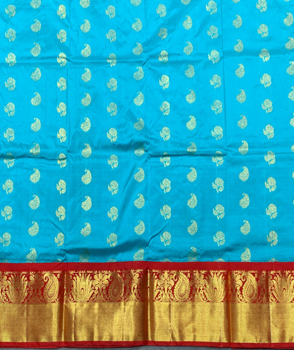 Sky Blue Shade Pure Kanchipuram Kids Pattu Pavadai with Contrast Border for age 2 to 5