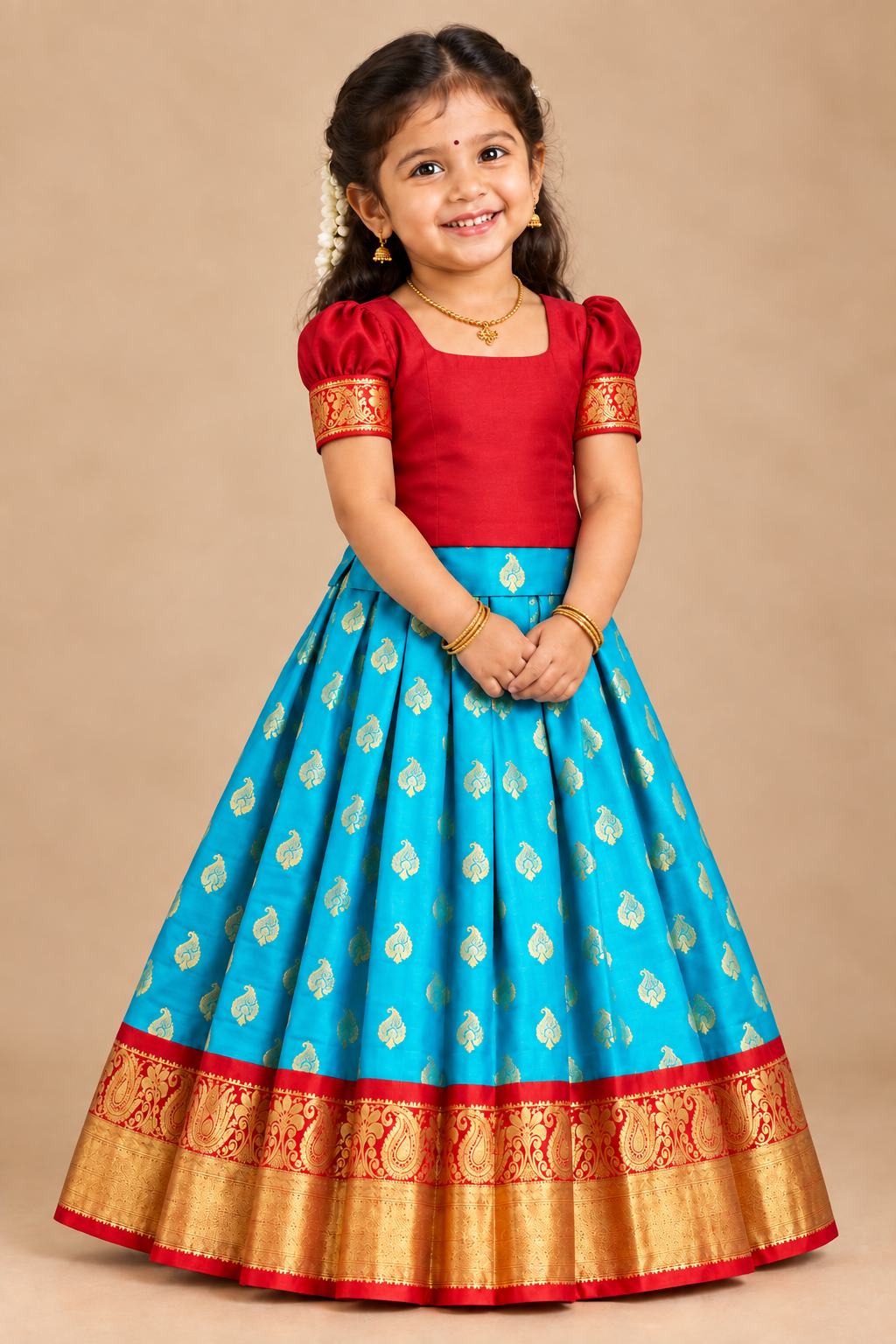 Sky Blue Shade Pure Kanchipuram Kids Pattu Pavadai with Contrast Border for age 2 to 5