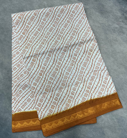 Chettinad Sungudi Cotton White Colour with Brown Colour Border