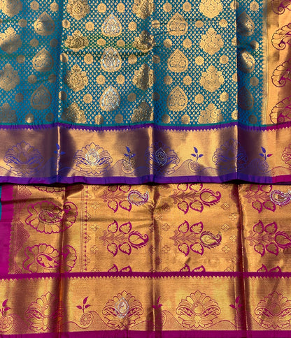 Vegan Silk Saree Peacock Green Colour with Copper and Magenta Border
