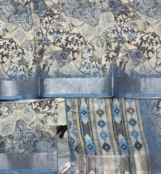 Jute Cotton Saree Ice Blue Colour with Thread Border