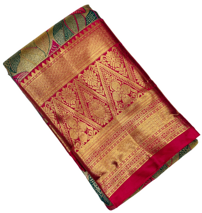 Green & Pink Leaf Soft Kanchi Tissue Pattu Saree with Pink border