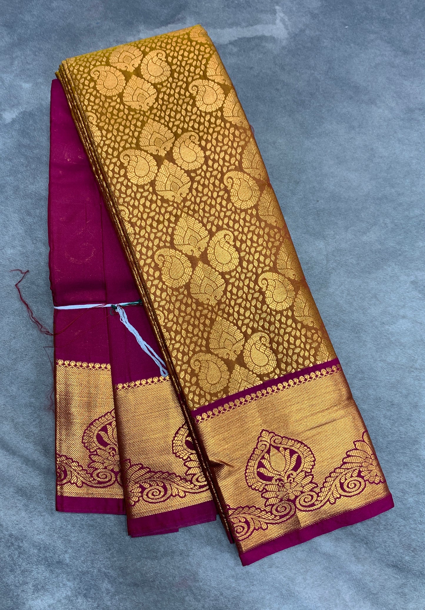 Vegan Silk Saree Golden Yellow Colour with Pink and Copper Border