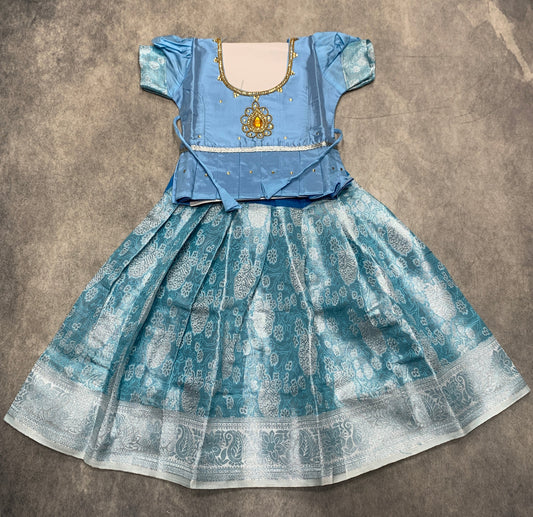 Ready To Wear Sky Blue Colour Pavadai with Contrast Blue Colour Blouse