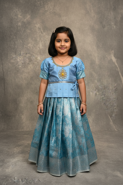 Ready To Wear Sky Blue Colour Pavadai with Contrast Blue Colour Blouse
