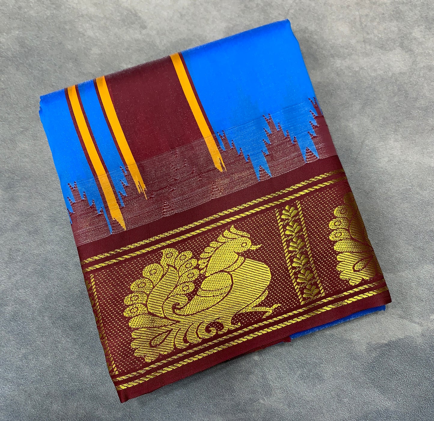 Art Silk Dhothi 9X5 Sky Blue Colour with Maroon and Green Colour Ganga Jamuna Border