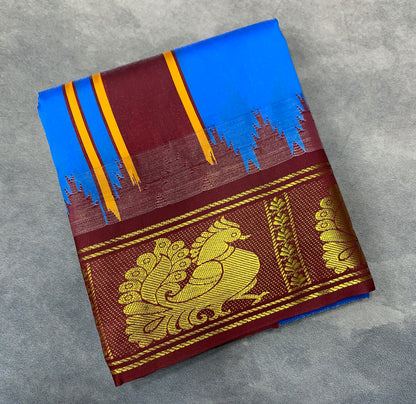 Art Silk Dhothi 9X5 Sky Blue Colour with Maroon and Green Colour Ganga Jamuna Border