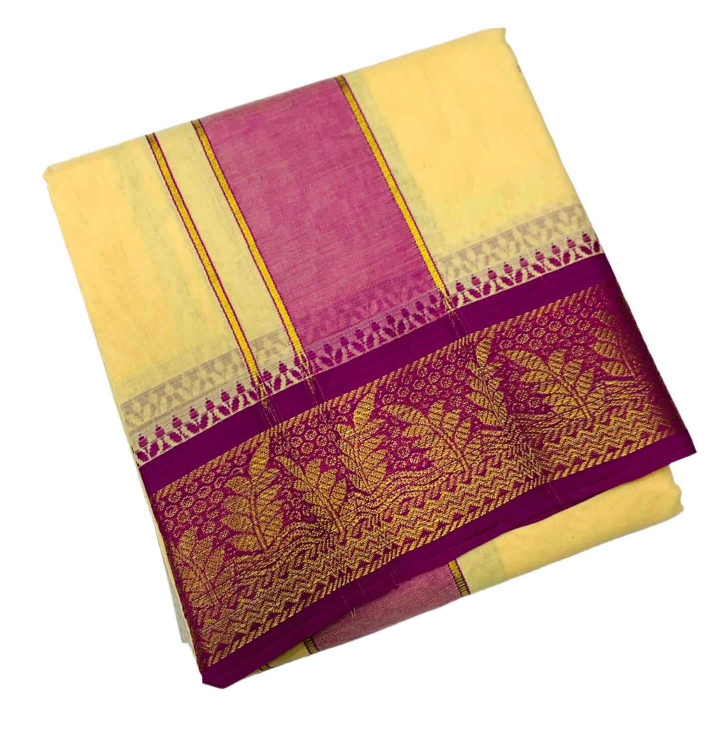 9X5 Cotton Dhoti Light Yellow Colour with Pink and Blue Border