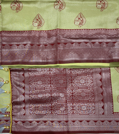 Art Silk Saree Pista Green Colour with Maroon Border