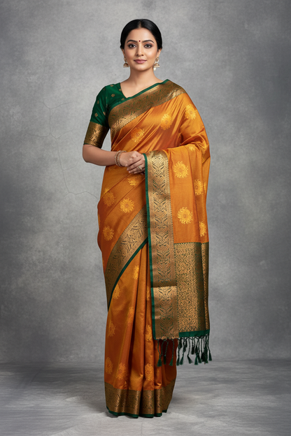 Soft Vegan Silk Saree Russet Colour with Green and Copper Border