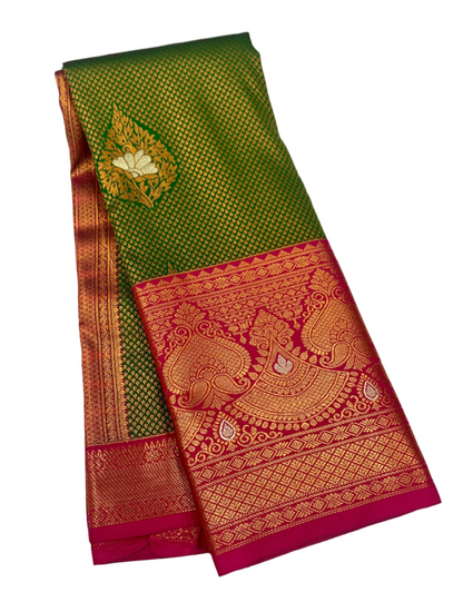 Vegan Silk Saree Green shade with Pink Border