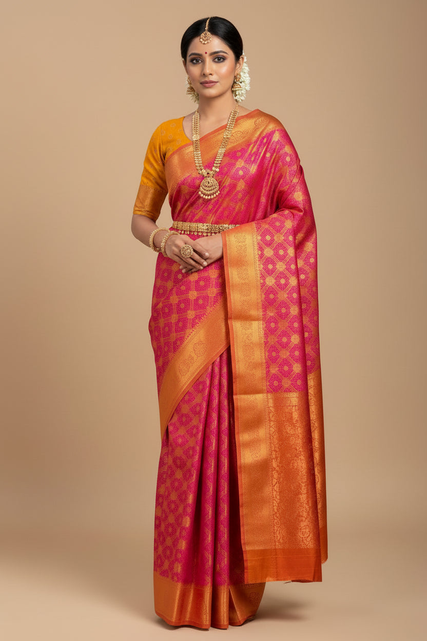 Vegan Silk Saree Pink Colour with Golden yellow and Copper Border