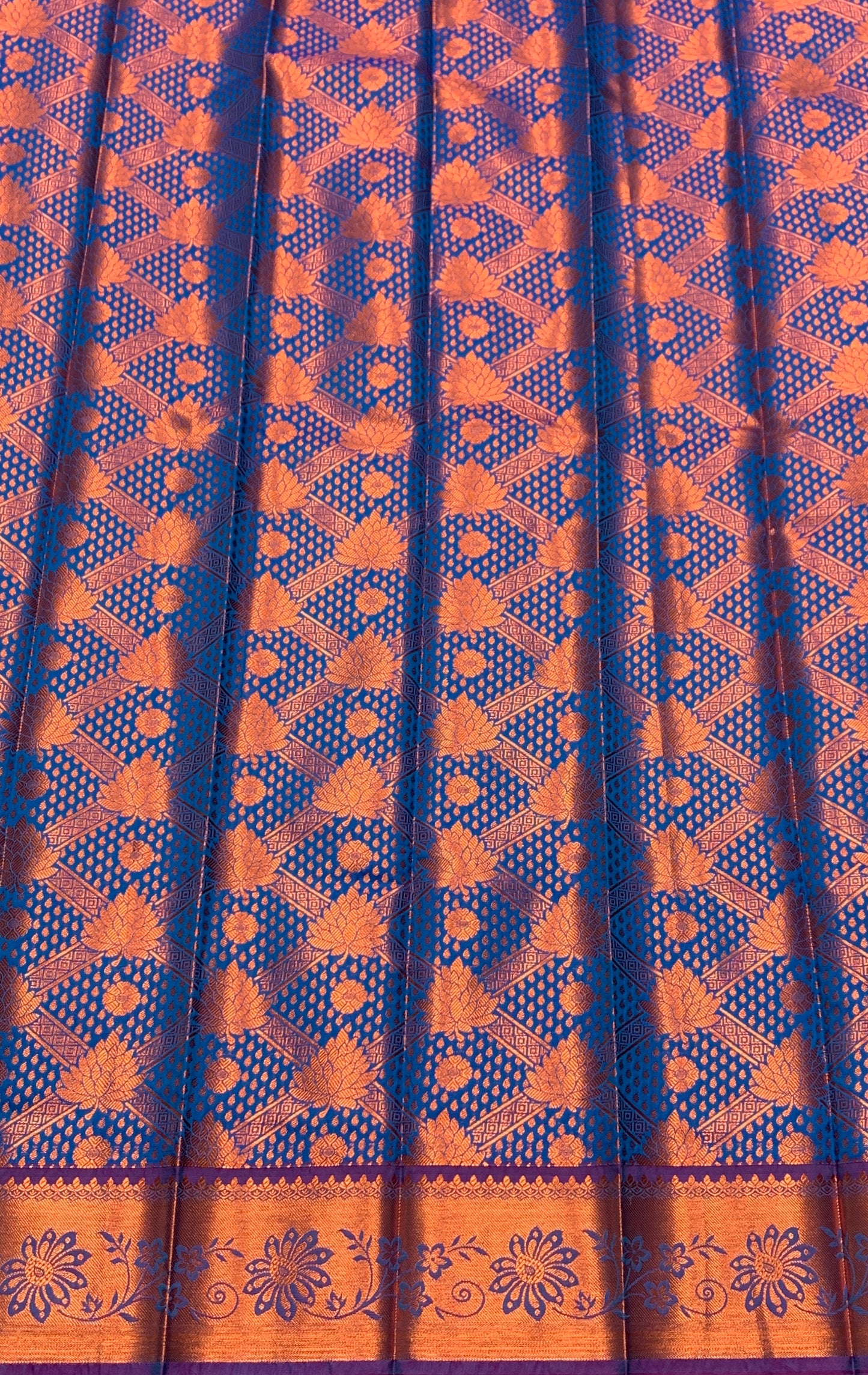 Vegan Silk Saree Blue Colour with Pink and Copper Border