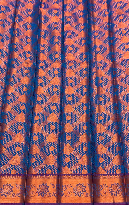 Vegan Silk Saree Blue Colour with Pink and Copper Border