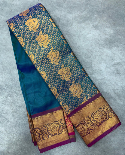 Vegan Silk Saree Peacock Blue Colour with Copper and Magenta Border