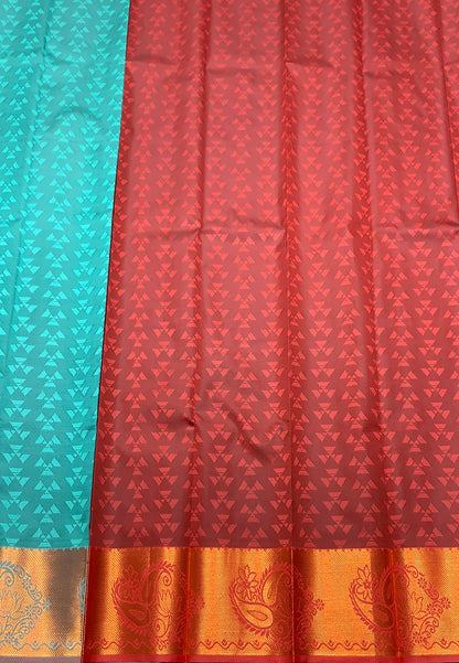 Synthetic Cotton Saree Rama Green Colour with Golden Floral Design Border